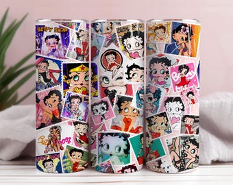 Adesivo per bicchiere stile anni '80, bicchiere termico retrò da 20 oz con cartoni animati, bicchiere termico Betty, adesivo per bicchiere termico a tema fumetti, bicchiere termico Betty Skinny, immagine PNG di cartoni animati anni '80.