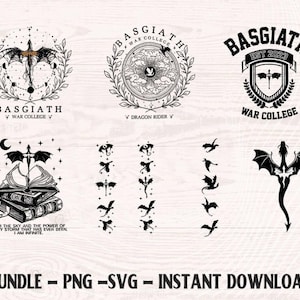 May include: A set of black and white digital designs featuring dragons, swords, and text. The designs include the words "BASGIATH WAR COLLEGE", "DRAGON RIDER", and "EST 2023". The phrase "I AM THE SKY AND THE POWER OF EVERY STORM THAT HAS EVER BEEN. I AM INFINITE" is also included.