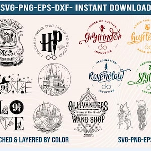May include: A digital download graphic featuring various designs with text and illustrations. Includes logos for Gryffindor, Hufflepuff, Ravenclaw, and Slytherin. Also includes the text "Ollivanders Makers of Fine Wands" and "Wands Since 382 BC".