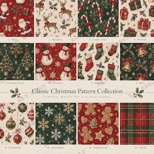 May include: A collection of twelve Christmas patterns featuring Santa, reindeer, candy canes, presents, Christmas trees, snowmen, stockings, bells, ornaments, snowflakes, gingerbread men, and a red and green plaid check pattern with text.