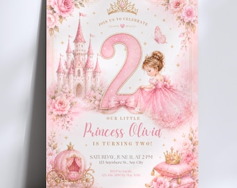 May include: Pink princess-themed birthday invitation featuring a castle, a carriage, and a little girl in a pink dress. The invitation includes the text "Join us to celebrate", "Princess Olivia is turning two!" and event details.