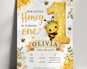 Bee 1st Birthday Invitation Girl, Editable Honey Bee First Birthday Invite, Daisy Wildflower Garden Party Evite