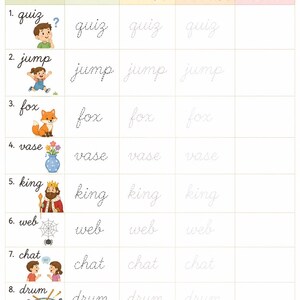 May include: An educational worksheet titled Let's Write 3-4 Letter Words in Cursive! featuring a grid for tracing words like quiz, jump, fox, vase, king, web, chat, drum, and yolk. Each row includes a colorful illustration, a clear cursive example, and columns for tracing practice.