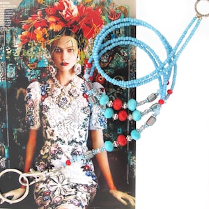Lanyard, Aqua blue red and silver, necklace lanyard, beaded lanyard, necklace lanyard, nametag holder, lanyard for ID badge, fashion lanyard