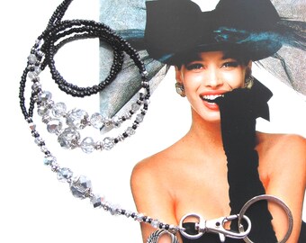 Lanyard, black with silver, bead lanyard, necklace lanyard, ID badge holder, ID card necklace, lanyard for ID card, lanyard for women