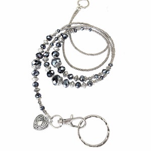 Lanyard, Grey black silver, beaded lanyard, necklace lanyard, ID card necklace, women&#39;s lanyard, lanyard for ID card, ID badge holder