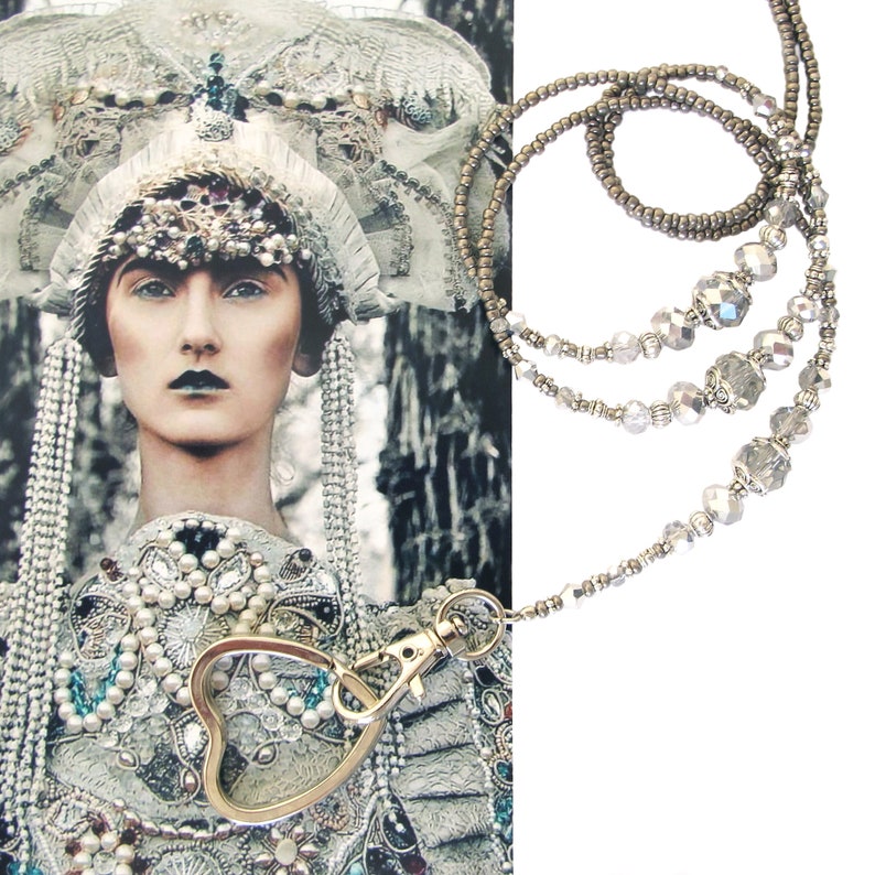 Silver grey metallic crystals and silver breakaway lanyard beaded lanyard badge lanyard lanyard for ID card Lanyard necklace lanyard