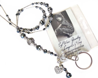 Lanyard, Silver black crystals, luxury lanyard, necklace lanyard, beaded lanyard, women's lanyard, necklace for ID, lanyard for work ID