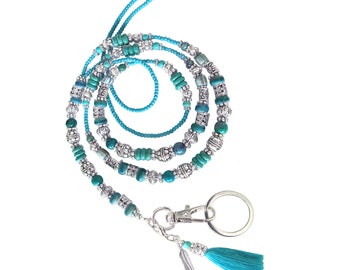 Lanyard, Turquoise teal silver, bead ID holder, beaded lanyard, Boho, Southwest, Tribal, necklace lanyard, ID necklace, lanyard for women