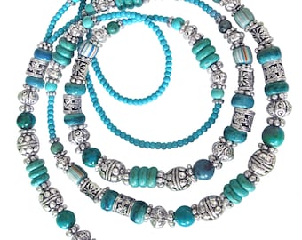 Lanyard, Turquoise teal silver, bead ID holder, beaded lanyard, Boho, Southwest, Tribal, necklace lanyard, ID necklace, lanyard for women