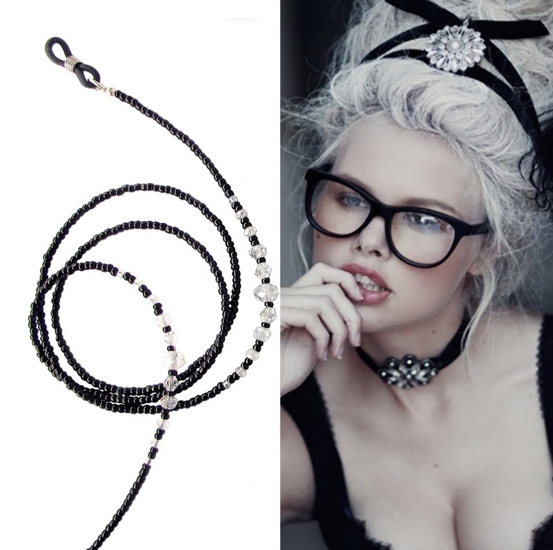 Eyeglasses chain, Black and crystal, beaded glasses chain, sunglasses chain, eyeglasses holder, chain for glasses, glasses holder, handmade image 8