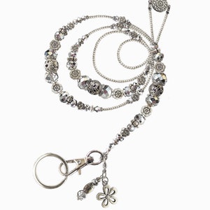 Lanyard, Silver on silver, luxury necklace lanyard, silver ID lanyard, work badge lanyard, necklace for ID, womens lanyard, silver flowers
