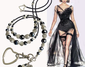 Cordón negro plateado con corazones, cordón para identificación, cordón con cuentas, cadena para credencial de trabajo, cordón para tarjeta de trabajo, cordón para mujer, cordón negro con cuentas