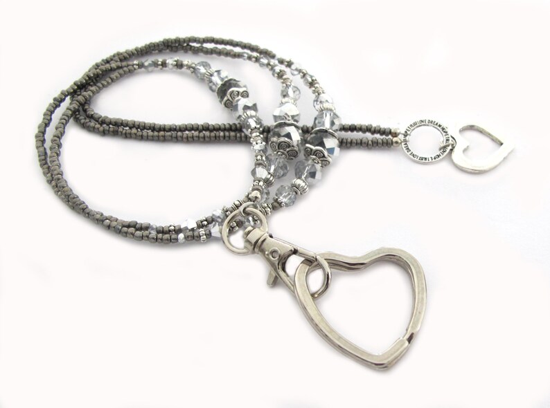 Silver grey metallic crystals and silver breakaway lanyard beaded lanyard badge lanyard lanyard for ID card Lanyard necklace lanyard