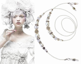 Eyeglass Chain, white flower, pearls crystals silver, luxury beaded glasses chain, glasses chain, sunglasses chain, chain for glasses