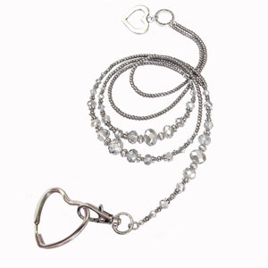 Lanyard, Silver grey lustre, crystals and silver, beaded lanyard, eyeglass chain, necklace lanyard, lanyard for ID badge, womens lanyard