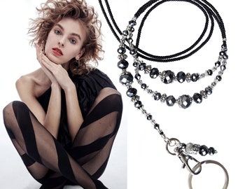 Lanyard, Black on black crystals and silver, beaded lanyard, lanyard necklace, lanyard for women, lanyard for ID card, lanyard for ID badge