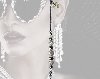 Eyeglass Chain, black silver, hearts, glasses chain, beaded glasses chain, eyewear holder, chain for glasses, sunglasses strap, glasses cord