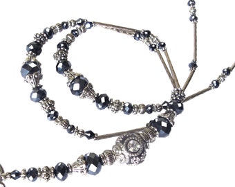 Lanyard, Silver black crystals, luxury lanyard, necklace lanyard, beaded lanyard, women's lanyard, necklace for ID, lanyard for work ID