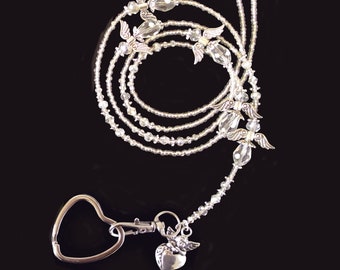 Lanyard, Crystal Angel lanyard, crystal beaded lanyard, crystal ID holder, beaded lanyard, necklace lanyard, lanyard for women,  ID holder