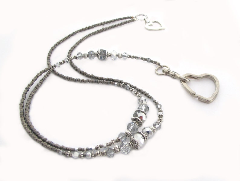 Silver grey metallic crystals and silver breakaway lanyard beaded lanyard badge lanyard lanyard for ID card Lanyard necklace lanyard