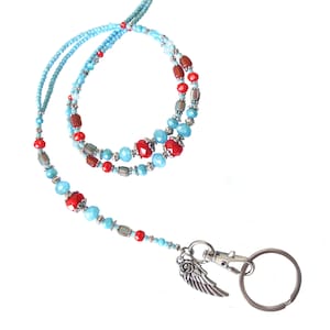 Lanyard, aqua red, crystals silver, beaded lanyard, lanyard for ID card, lanyard for ID badge, ID holder, necklace lanyard, nametag lanyard