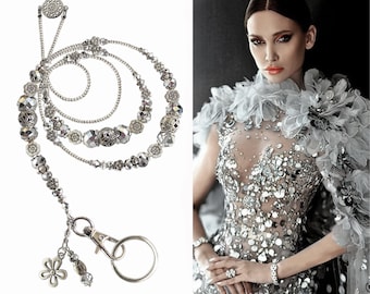 Lanyard, Silver on silver, luxury necklace lanyard, silver ID lanyard, work badge lanyard, necklace for ID, womens lanyard, silver flowers