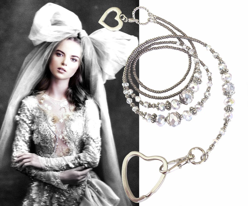 Silver grey metallic crystals and silver breakaway lanyard beaded lanyard badge lanyard lanyard for ID card Lanyard necklace lanyard
