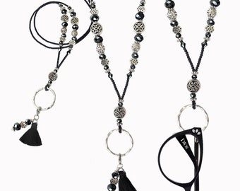 Eyeglasses necklace, black silver, eyeglass ring necklace, ring necklace for glasses, eyeglass chain, beaded glasses necklace, glasses chain