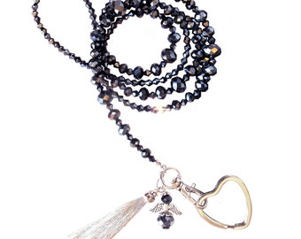 Lanyard, Black crystal, Luxury fashion lanyard, crystal lanyard, ID card holder, necklace lanyard, beaded lanyard, womens lanyard, gift Idea