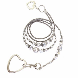 Lanyard, Silver grey lustre, crystals and silver, necklace lanyard, beaded lanyard, women&#39;s lanyard, lanyard for ID card, ID badge lanyard