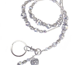 Lanyard, Silver crystals silver beads, necklace lanyard, bead lanyard, womens lanyard, ID card necklace, ID badge holder, luxury lanyard
