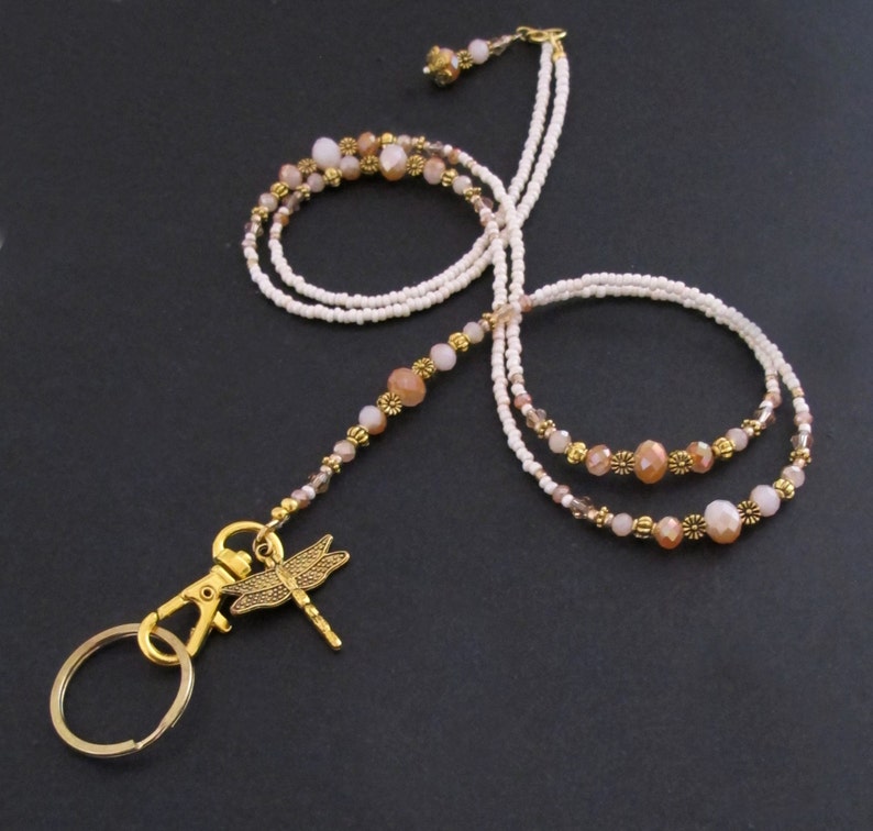 Lanyard Cream gold crystal bead lanyard beaded lanyard Etsy