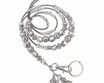 Lanyard, Grey silver lustre, silver crystals, silver bead lanyard, beaded ID lanyard, necklace lanyard, womens lanyard, ID necklace, gift