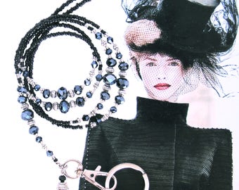 Cordón, plata negra, cordón de cuentas, cordón para collar, collar para tarjeta de identificación, cordón para tarjeta de identificación, cordón de cuentas negras, portaetiquetas, hecho a mano