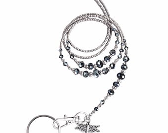 Lanyard, silver grey lustre, black crystals, beaded lanyard, necklace lanyard, ID badge holder, lanyard for ID card, nametag holder
