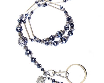 Lanyard, Silver black crystals, luxury lanyard, necklace lanyard, beaded lanyard, women&#39;s lanyard, necklace for ID, lanyard for work ID