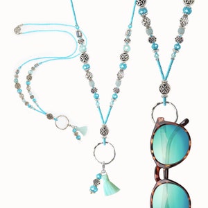 Collar para gafas, porta gafas con cuentas, collar para gafas color aguamarina, presilla para gafas, collar para gafas, porta gafas, cadena para gafas, boho