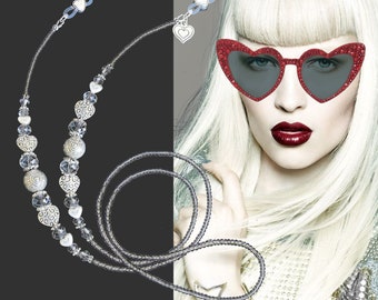 Eyeglass Chain, glasses chain, crystal clear silver, hearts, sunglasses chain, beaded glasses chain, glasses holder, eyeglass holder, hearts