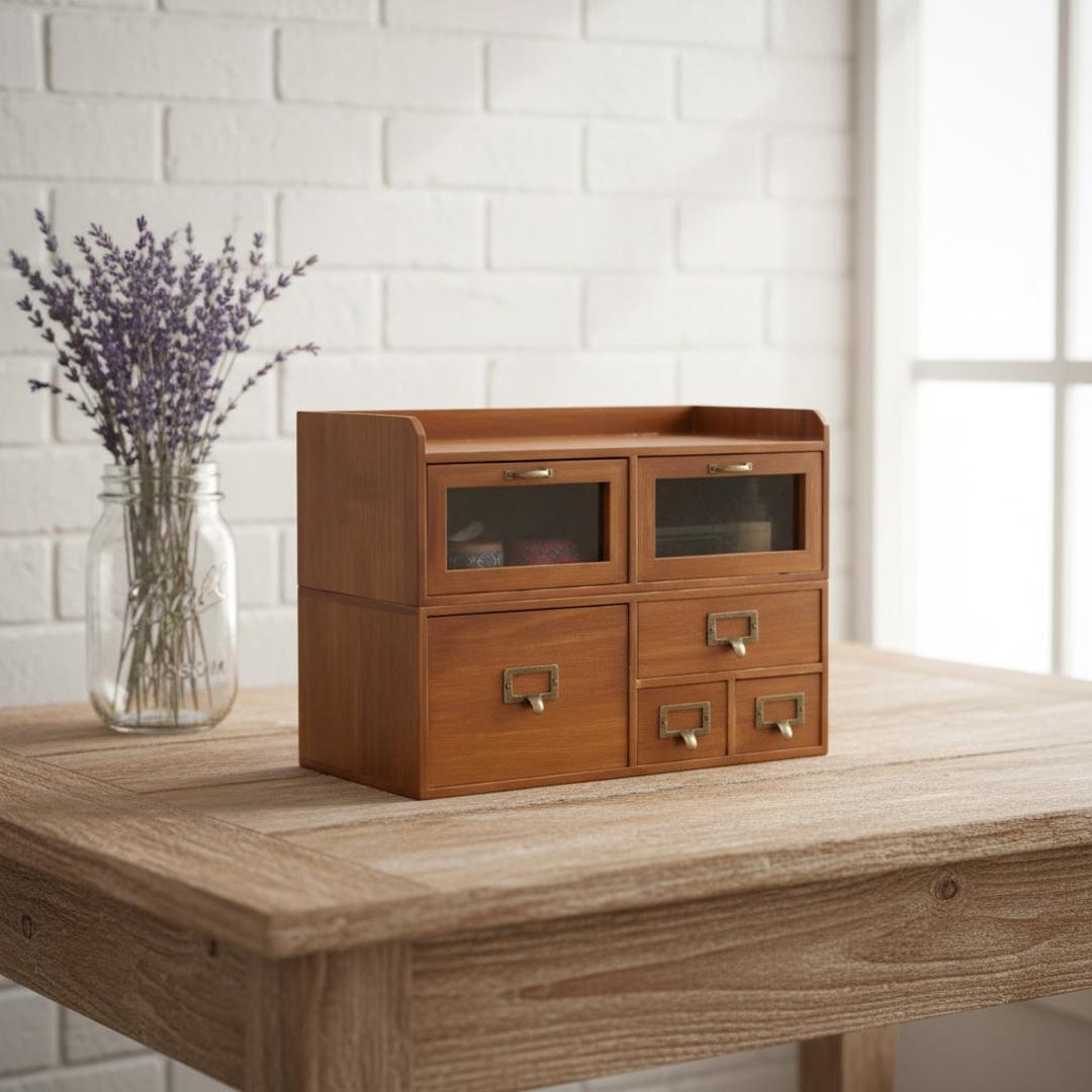 Vintage Wooden Desk Organizer With Drawers, Solid Wood Desktop Storage ...