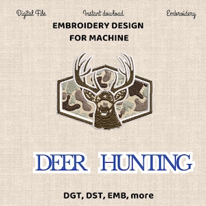Puede incluir: Un diseño de bordado para bordadora, con una cabeza de ciervo con grandes cuernos, sobre un patrón de camuflaje. El texto dice "EMBROIDERY DESIGN FOR MACHINE" y "DEER HUNTING". Disponible como archivo digital.