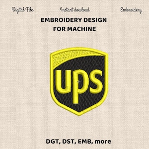 May include: An embroidery design for machine embroidery featuring the UPS logo. The design is in yellow and black, with the text "ups" in yellow. The design is on a beige background. The text "Digital File", "Instant download", "Embroidery", and "EMBROIDERY DESIGN FOR MACHINE" are also included.