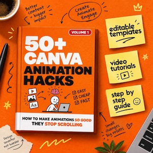 以下が含まれることがあります： 「50+ CANVA ANIMATION HACKS VOLUME 1」というタイトルのオレンジ色の本。表紙にはノートパソコンに向かうキャラクターのイラストと「HOW TO MAKE ANIMATIONS SO GOOD THEY STOP SCROLLING」という文字が記載されています。3枚の黄色い付箋には、編集可能なテンプレート、ビデオチュートリアル、ステップバイステップガイドが記載されています。