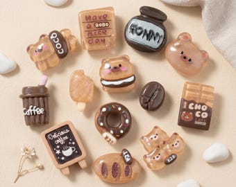 Cute Coffee Resin Shoe Charms Set, Kawaii Bear Dessert Charms, Mini Donut Chocolate Latte Charms, Handmade Bag Accessory Gift