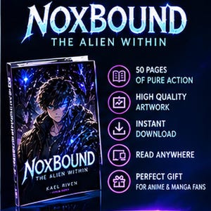 Może przedstawiać: Cyfrowa grafika promocyjna mangi Noxbound: The Alien Within autorstwa Kael Riven. Zawiera okładkę książki z postacią o ciemnych włosach, wyróżnione teksty o 50 stronach akcji, wysokiej jakości grafikę oraz fioletowy przycisk zakupu.