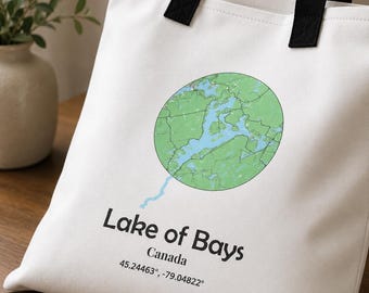 Lake of Bays Ontario Tote Bag | Muskoka Map Tote | Cottage Market Bag | Minimal Lake Map Bag | Canada Travel Tote | Lake House Gift