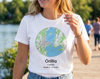 Orillia Ontario Unisex T-Shirt | Lake Simcoe Map Shirt | Minimal Coordinates Tee | Canadian Cottage Country Shirt | Orillia Gift Apparel