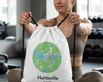 Huntsville Ontario Drawstring Bag | Muskoka Gym Backpack | Cottage Country Sport Bag | Minimal Travel Sackpack | Canadian Lake Lifestyle Bag