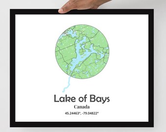 Lake of Bays Ontario Map Framed Print | Muskoka Wall Art | Minimal Lake Map Poster | Cottage Decor Canada | Lake House Artwork