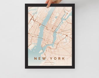 Minimalist New York City Map Print Framed Wall Art (12"x16") | Modern NYC Street Map Poster | Black/Red Oak Frame City Map Decor